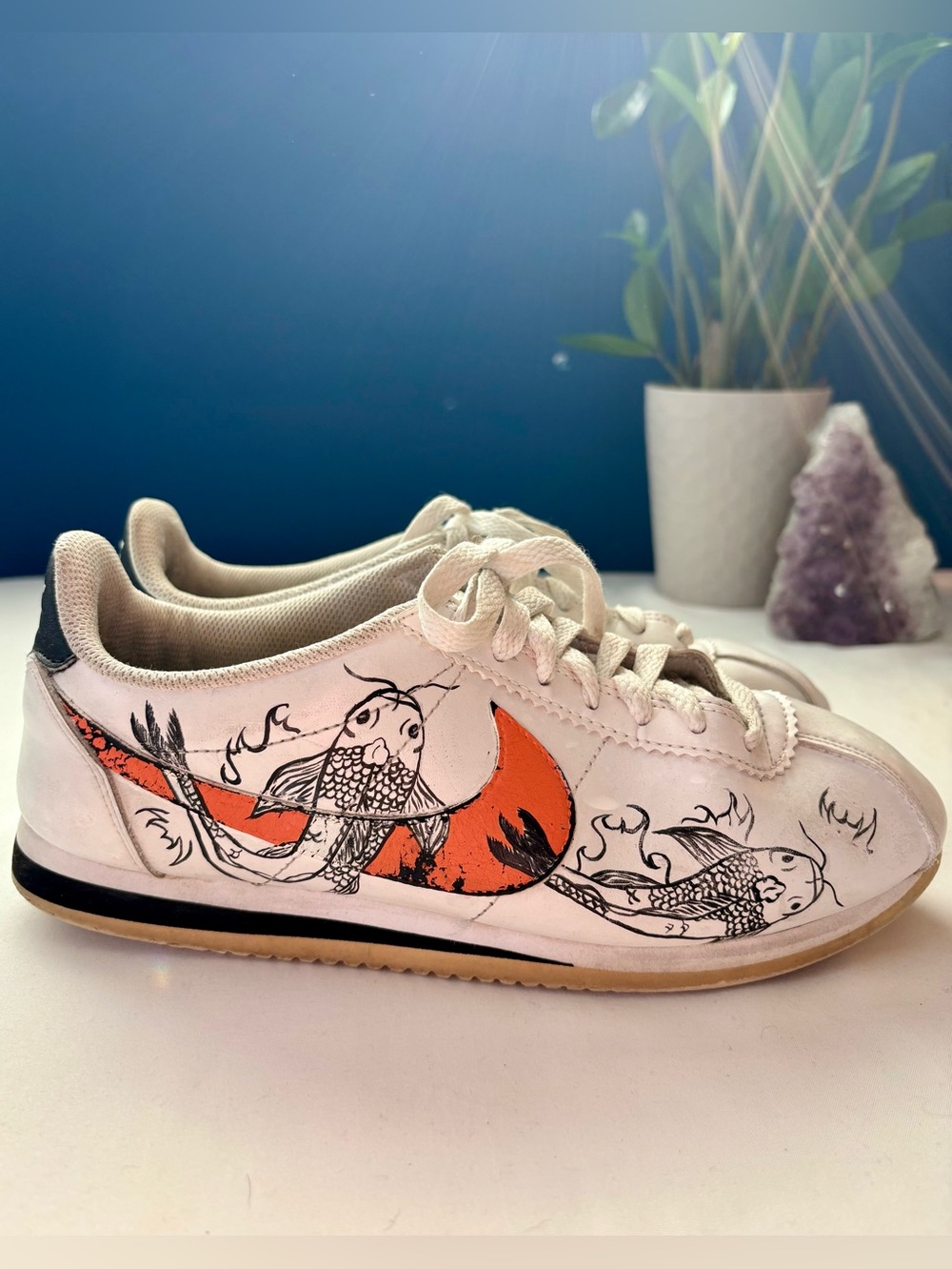 Custom Hand-Painted Nike Cortez Sneakers - Koi Fish Art - Size 8.5